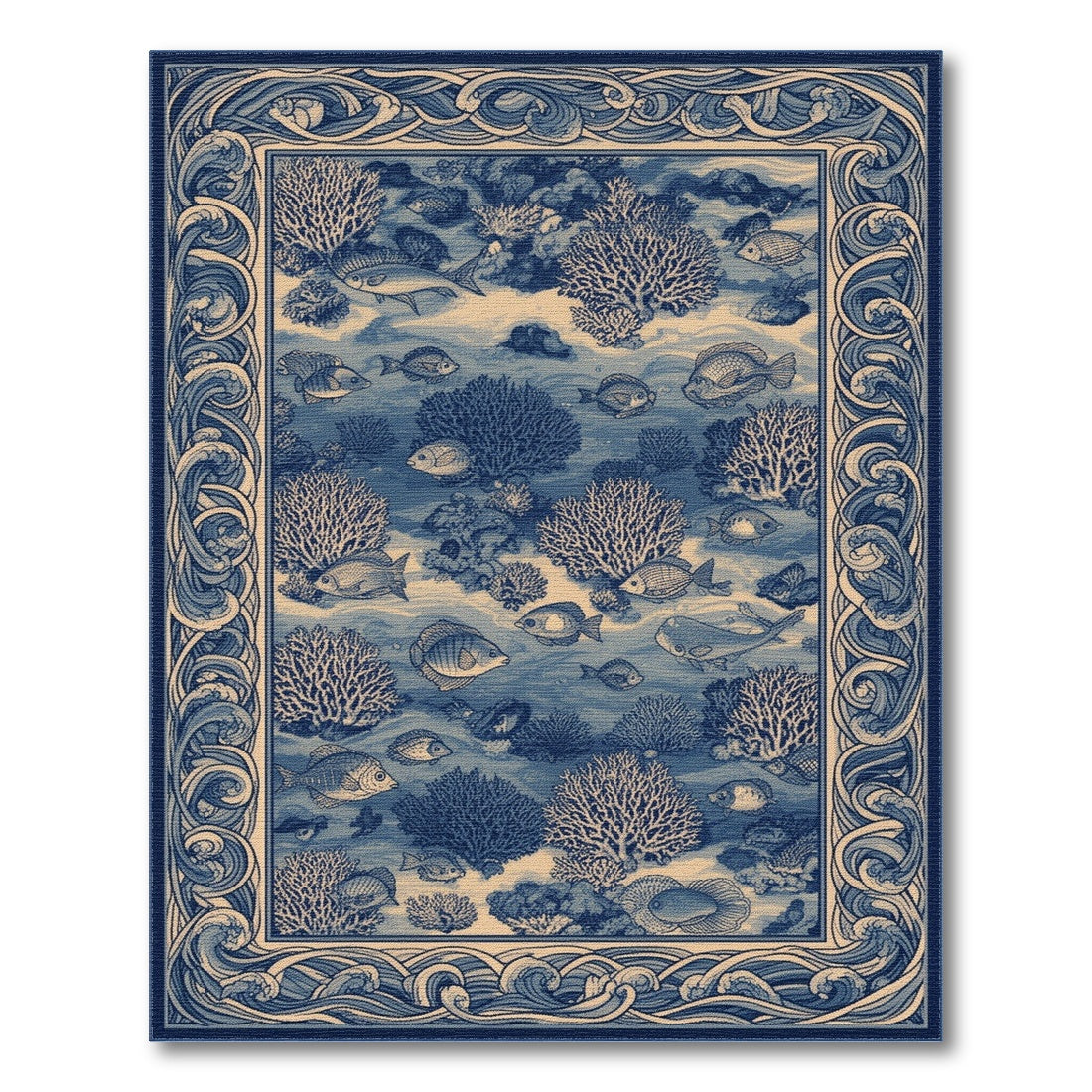 Coastal Beach Blue Ocean Fish Coral Area Rug