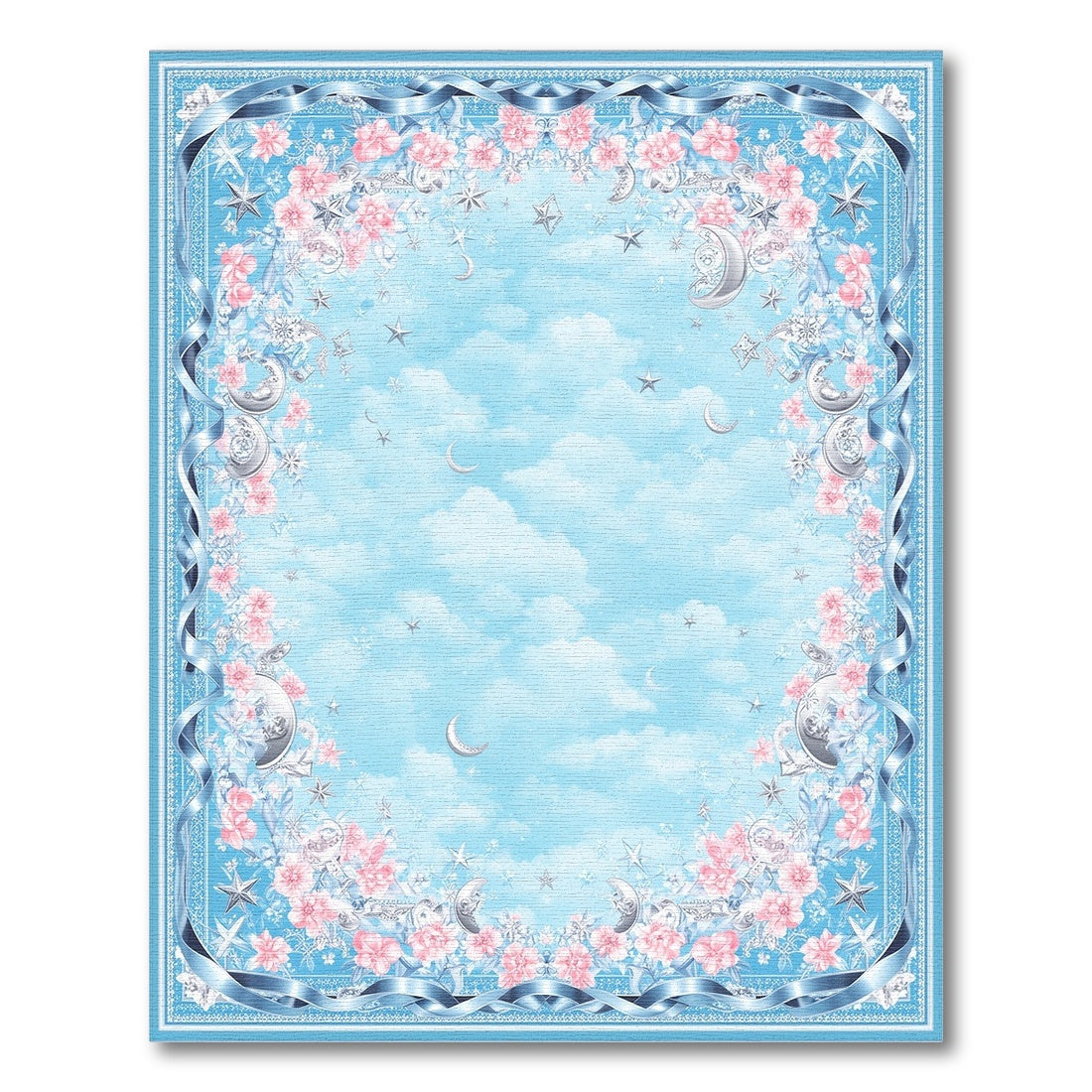 Blue Floral Moon Stars Washable Area Rug