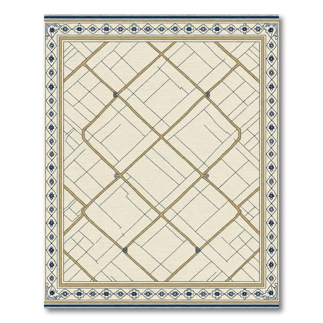 Cream And Blue Geometric Lattice Rug