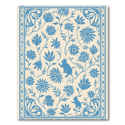 Blue Floral Cat Garden Border Rug