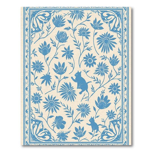 Blue Floral Cat Garden Border Rug