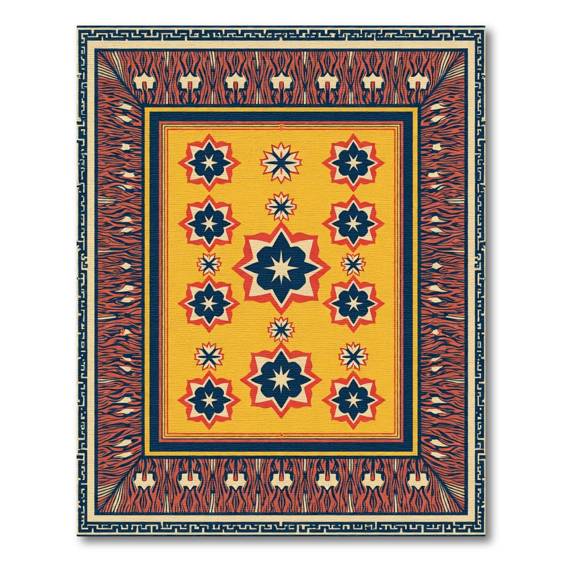 Golden Yellow Blue Starburst Border Rug