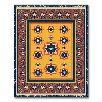 Golden Yellow Blue Starburst Border Rug