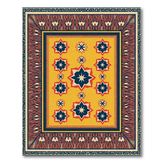 Golden Yellow Blue Starburst Border Rug