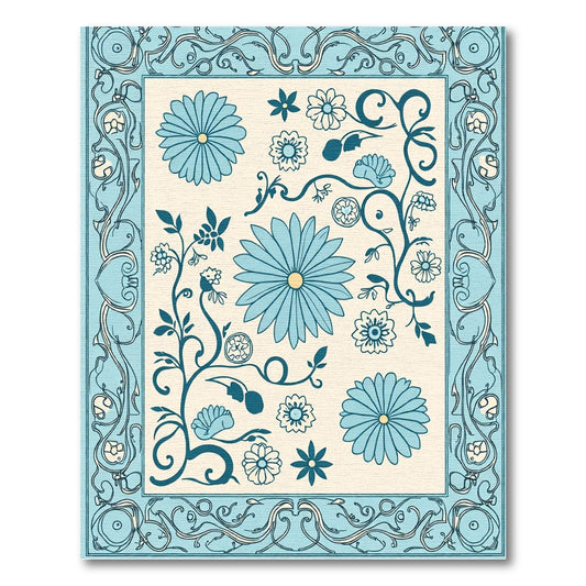 Light Blue Floral Scroll Border Rug