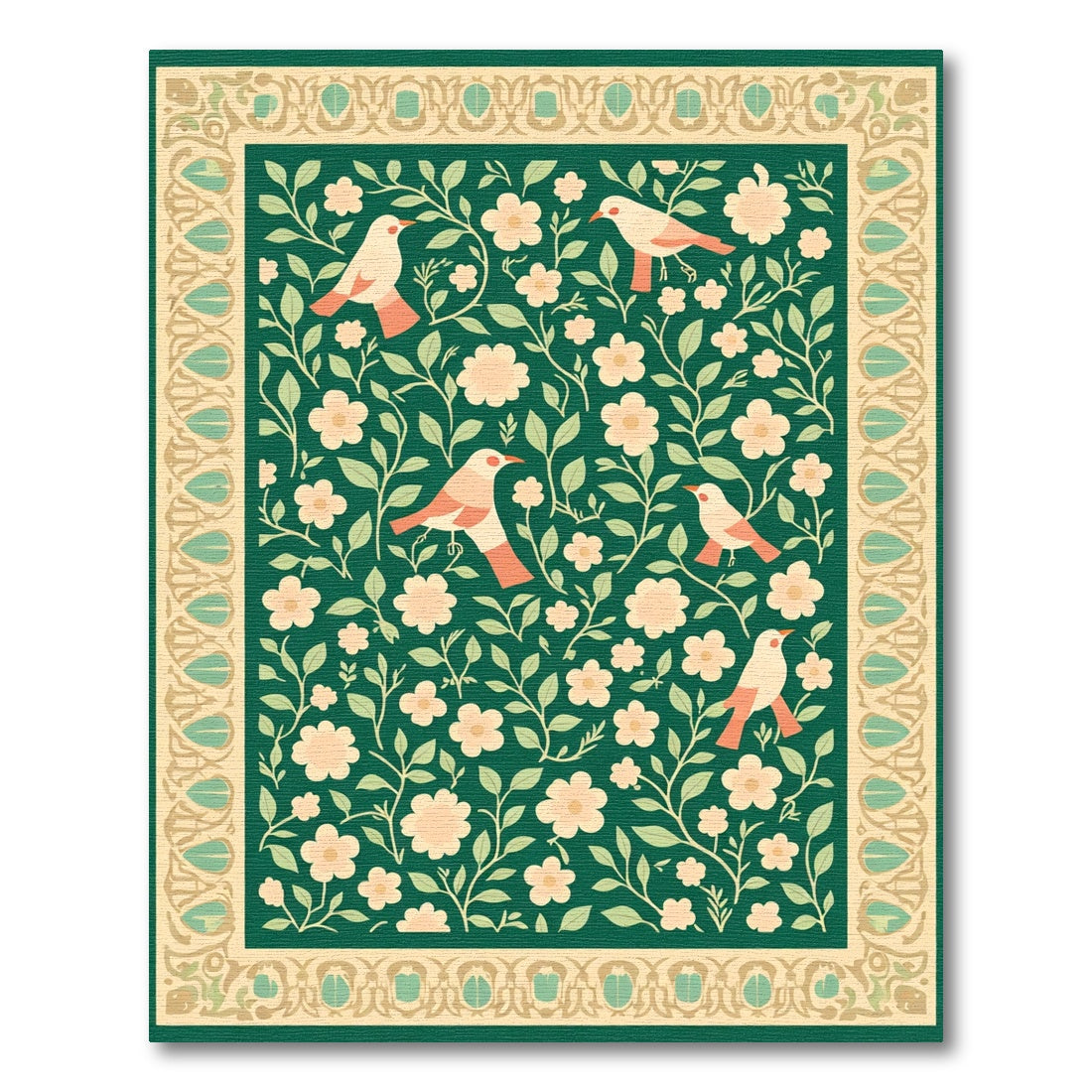 Emerald Green Floral Bird Border Rug