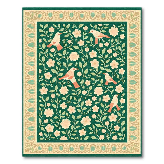 Emerald Green Floral Bird Border Rug