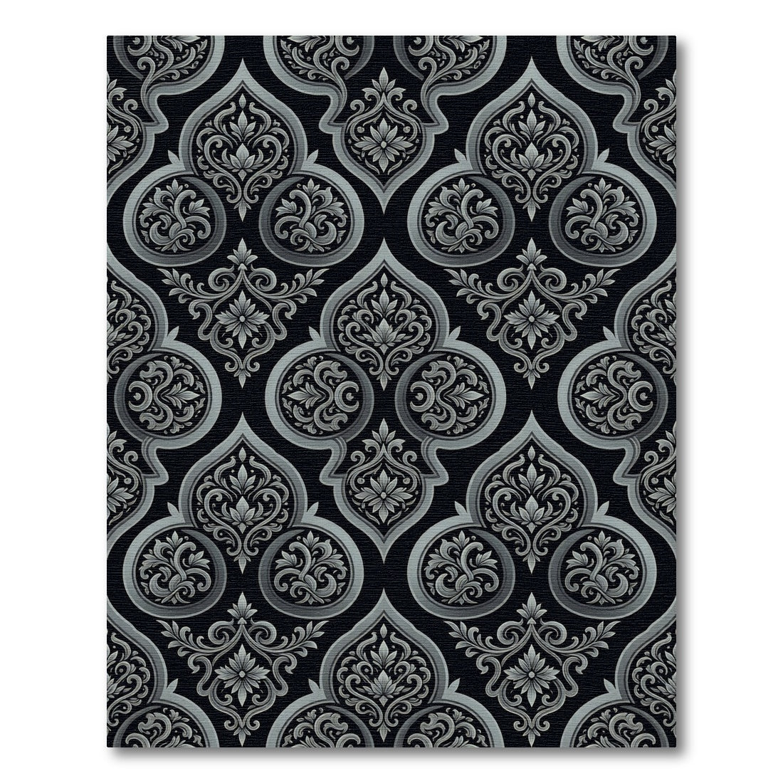 Black Silver Ornate Damask Scroll Rug