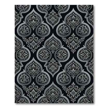 Black Silver Ornate Damask Scroll Rug