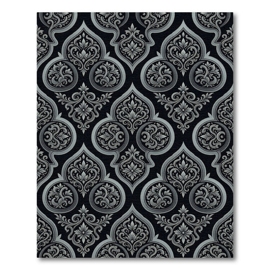 Black Silver Ornate Damask Scroll Rug