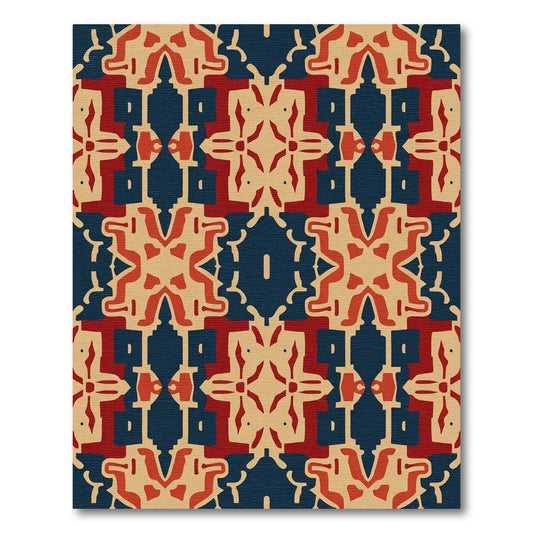 Red Blue Beige Geometric Medallion Rug