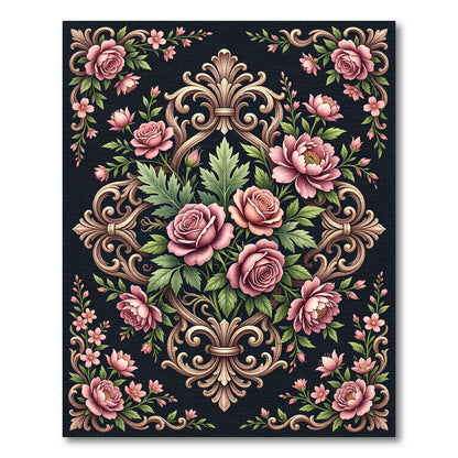 Ornate Pink Rose Scrollwork Arrangement Rug