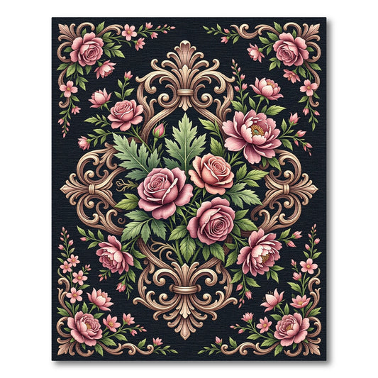 Ornate Pink Rose Scrollwork Arrangement Rug
