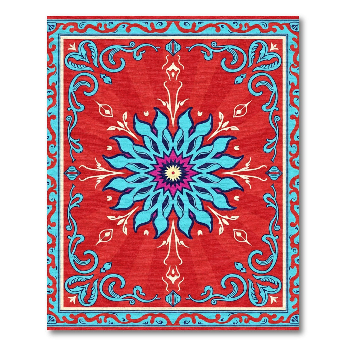 Vibrant Red Blue Floral Mandala Rug