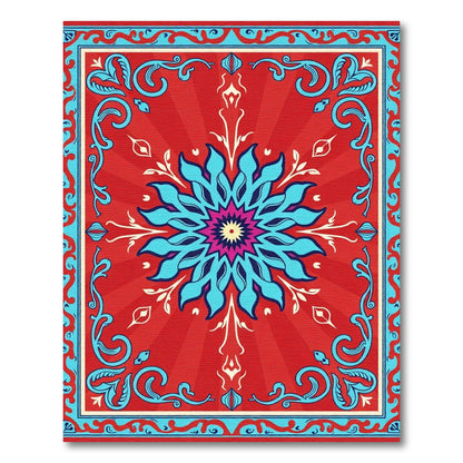 Vibrant Red Blue Floral Mandala Rug