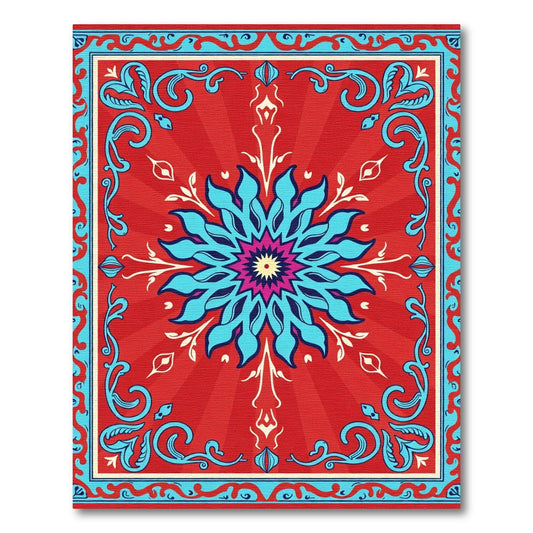 Vibrant Red Blue Floral Mandala Rug