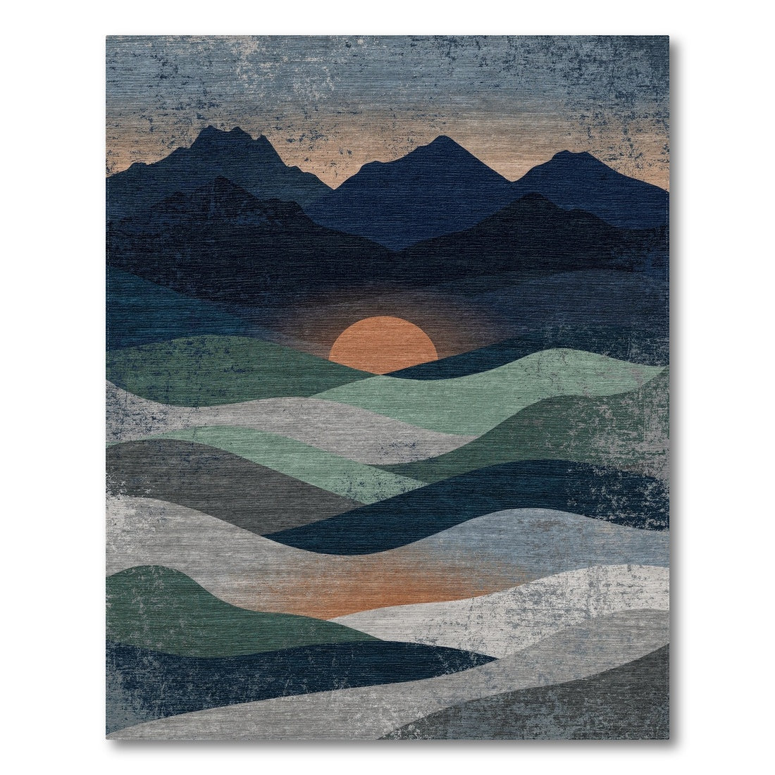 Distressed Blue Teal Mountain Sunset Area Rug