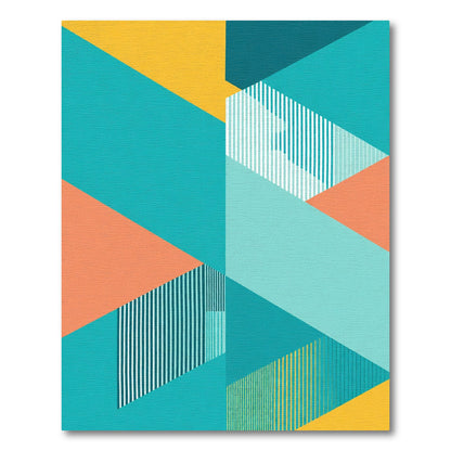 Geometric Teal Coral Yellow Stripes Rug