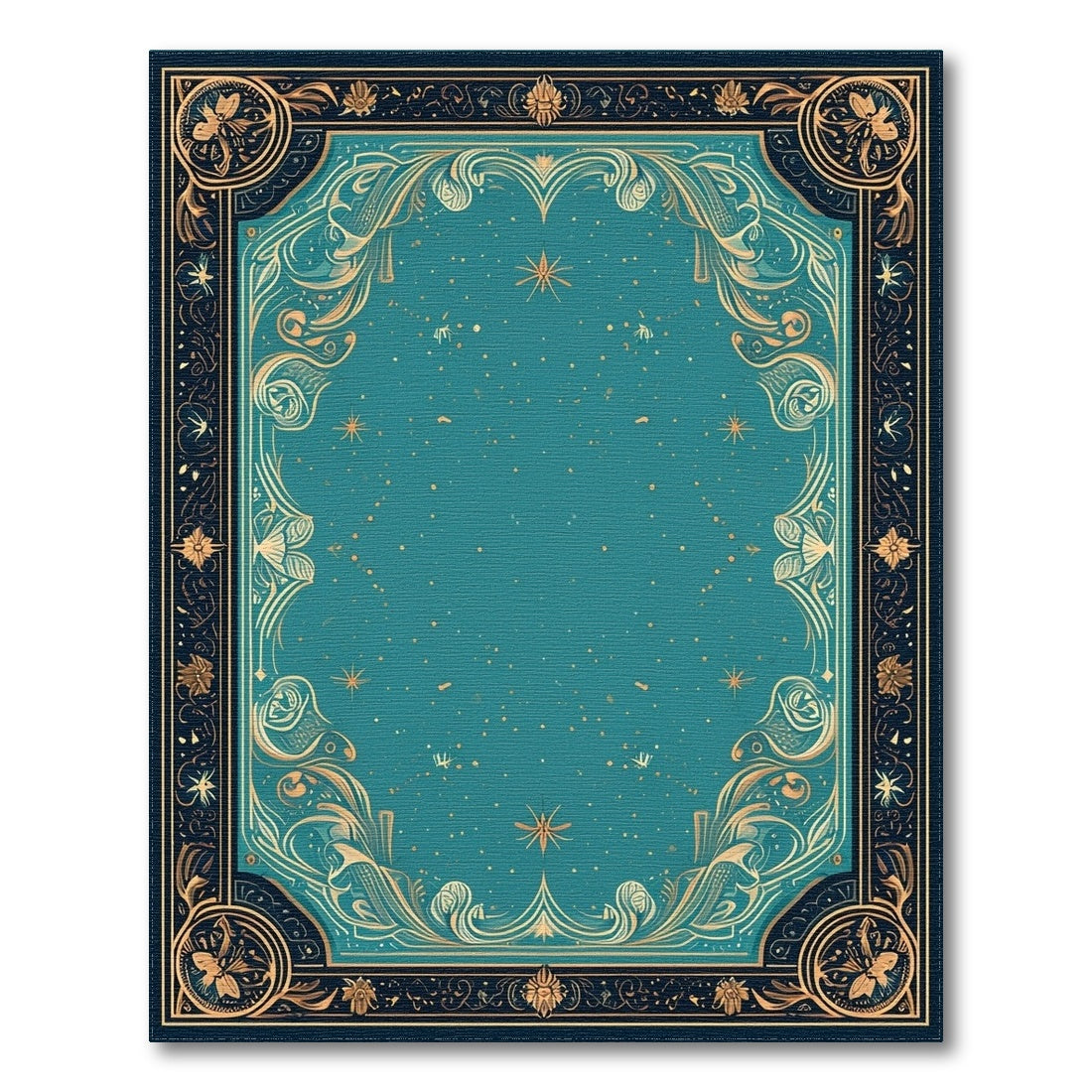 Teal Floral Vintage Area Rug with Gold Border