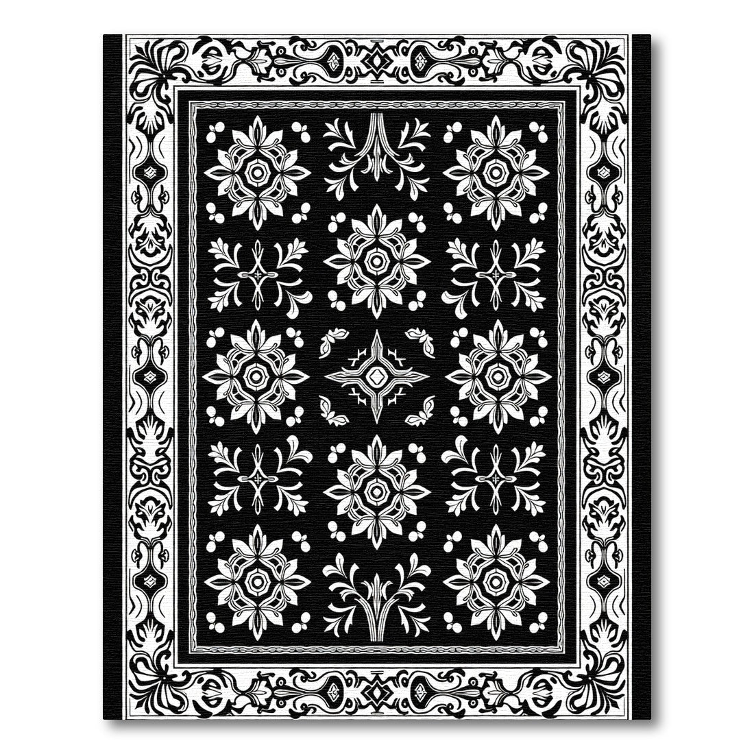 Black White Intricate Floral Border Rug