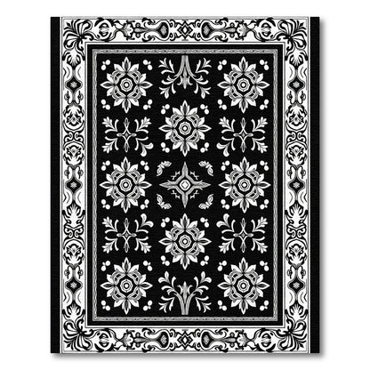 Black White Intricate Floral Border Rug