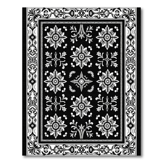 Black White Intricate Floral Border Rug