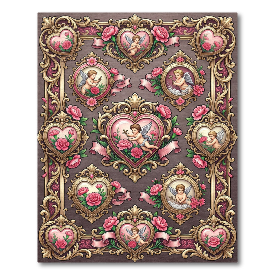 Gilded Pink Cherub Floral Heart Frames Rug
