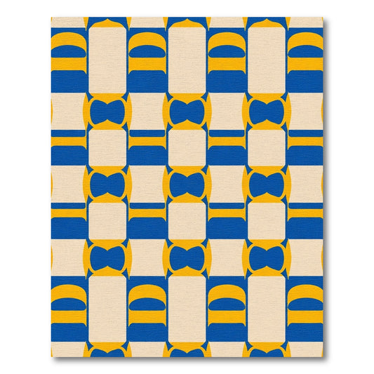 Retro Blue Yellow Geometric Grid Rug