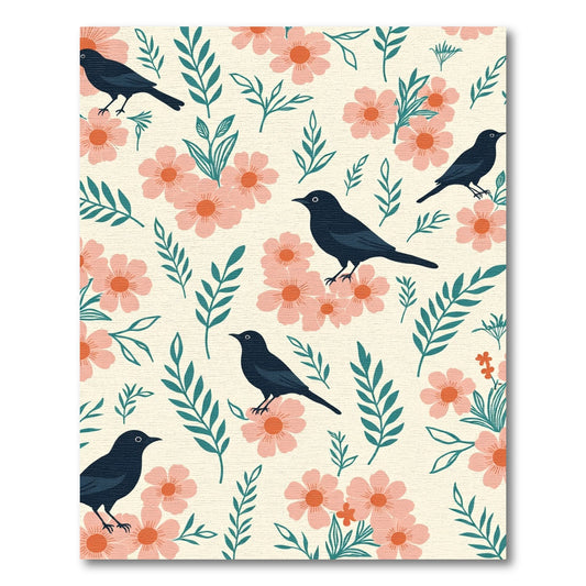 Delicate Black Birds Coral Flowers Rug