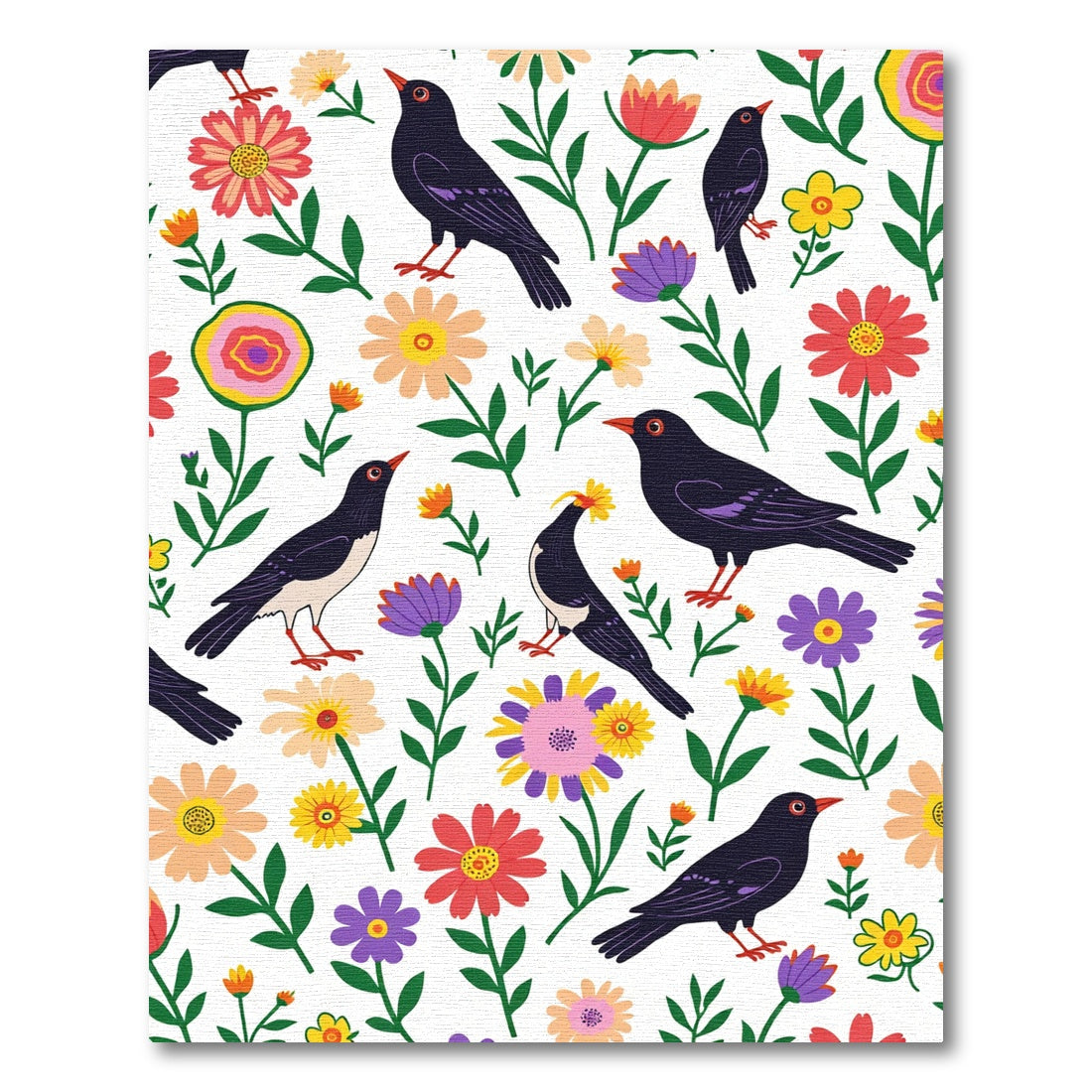 Whimsical Black Birds Garden Collage Rug