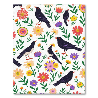 Whimsical Black Birds Garden Collage Rug
