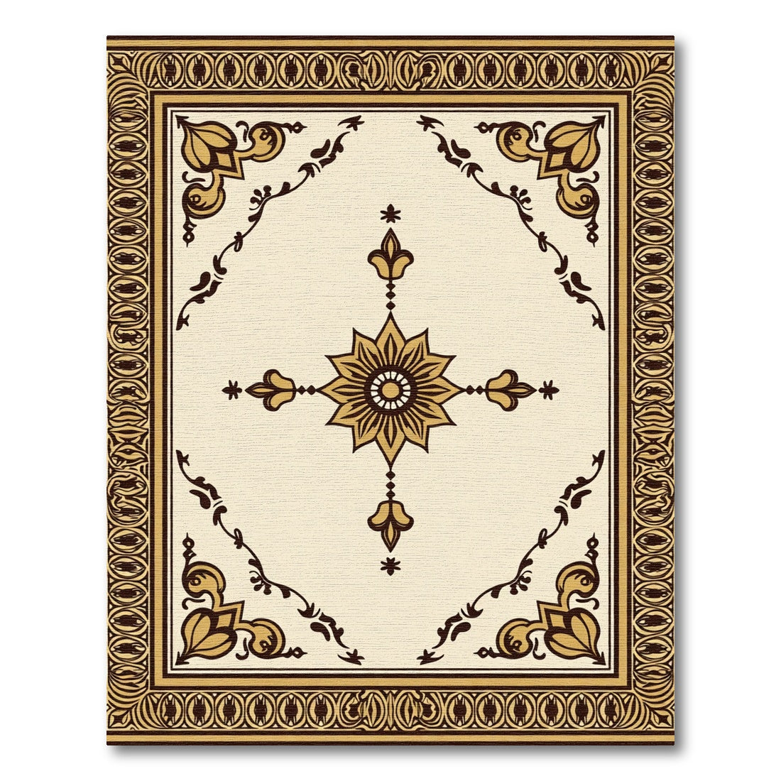 Ornate Golden Floral Medallion Border Rug