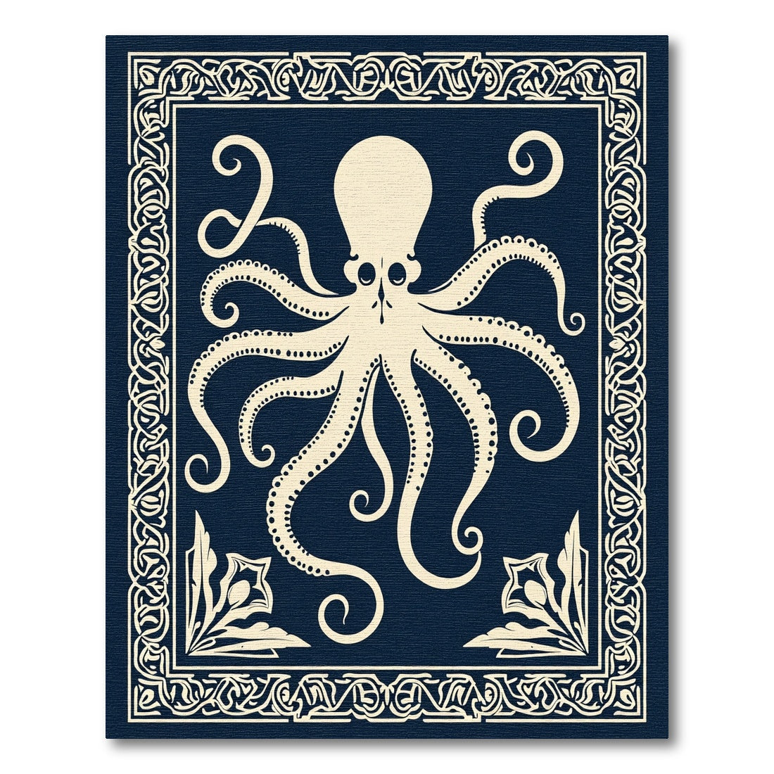 Cream Octopus Bordered Dark Blue Rug