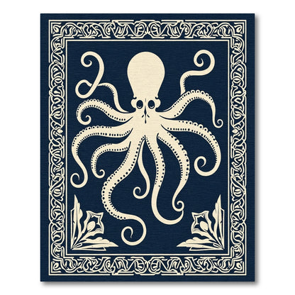 Cream Octopus Bordered Dark Blue Rug
