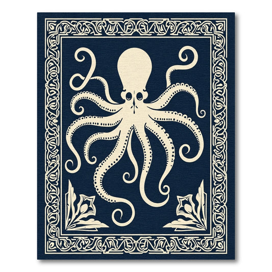 Cream Octopus Bordered Dark Blue Rug