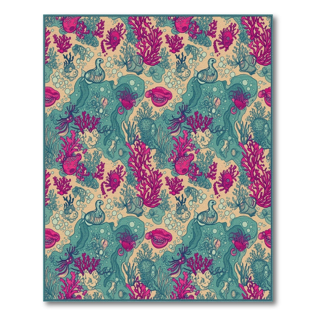 Pink Coral Teal Ocean Life Washable Area Rug