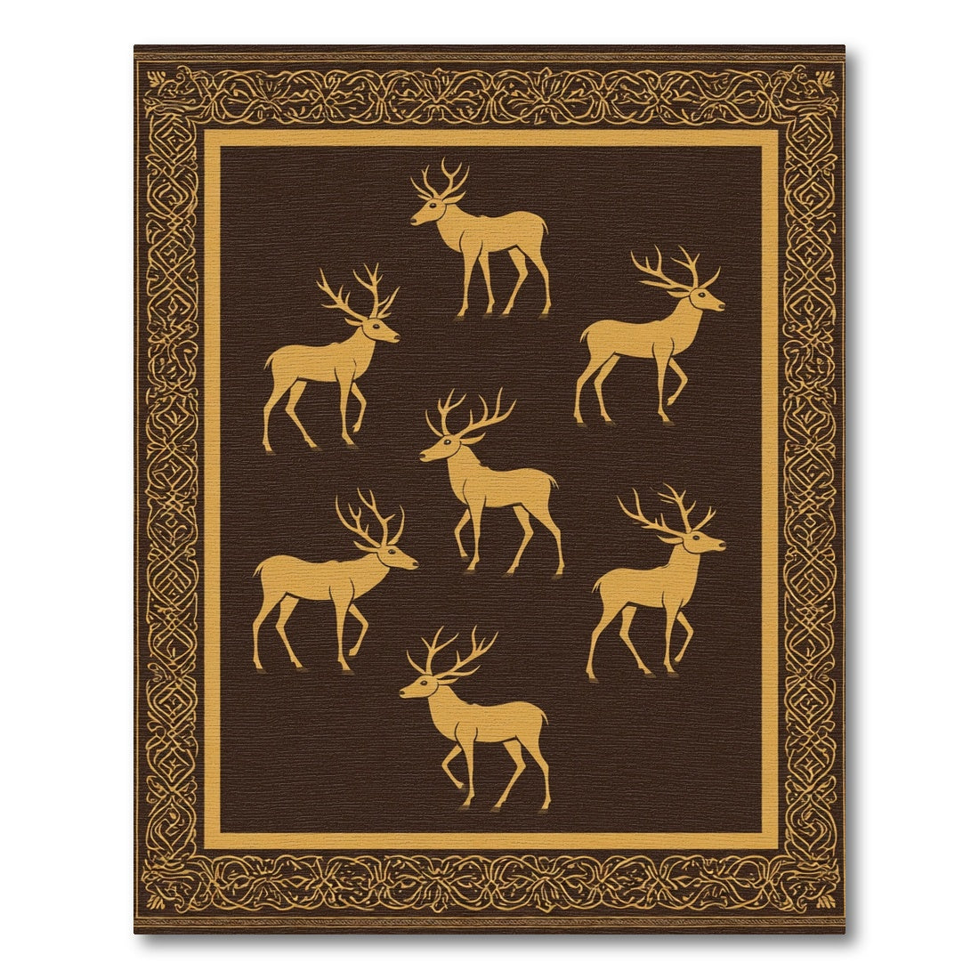 Golden Deer On Brown With Ornate Border Rug