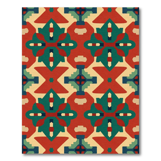 Crimson Teal Geometric Tribal Folk Rug