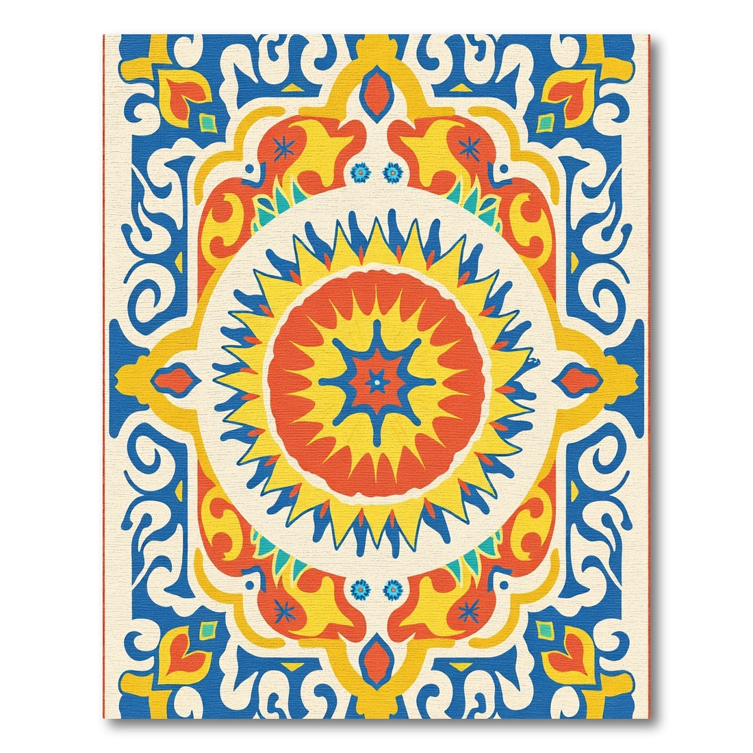 Vibrant Blue Red Yellow Sunburst Mandala Rug