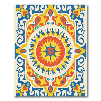 Vibrant Blue Red Yellow Sunburst Mandala Rug