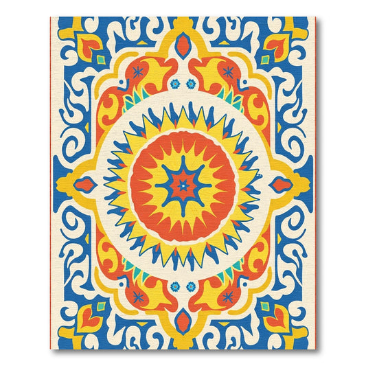Vibrant Blue Red Yellow Sunburst Mandala Rug