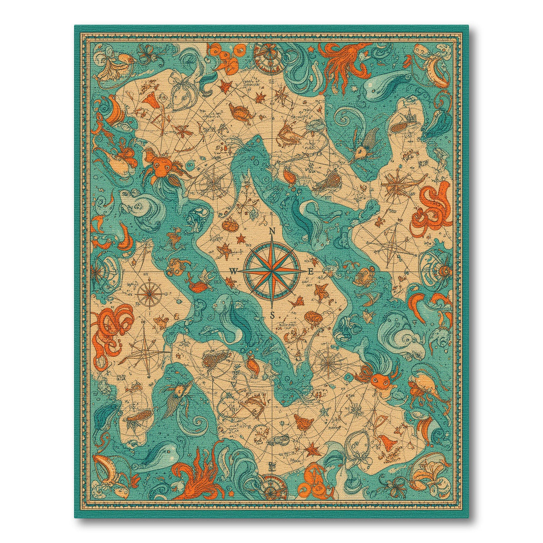 Vintage Nautical Map Octopus Area Rug