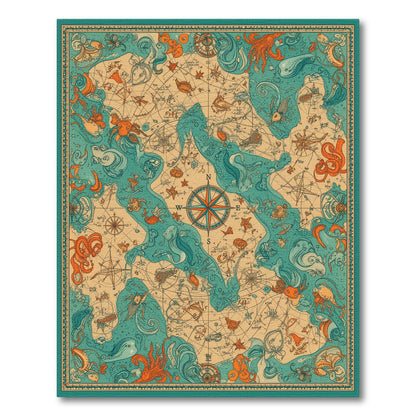 Vintage Nautical Map Octopus Area Rug