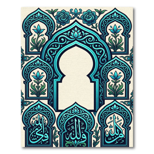 Teal Blue Arabesque Floral Arch Gate Rug
