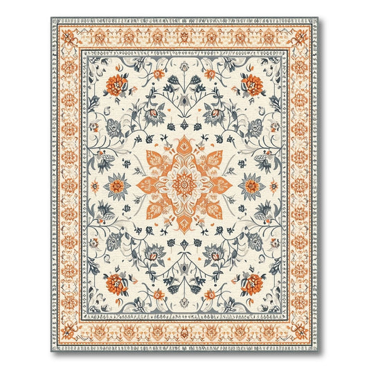 Orange Floral Medallion Beige Area Rug