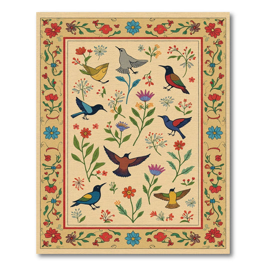 Whimsical Folk Art Birds Floral Border Rug