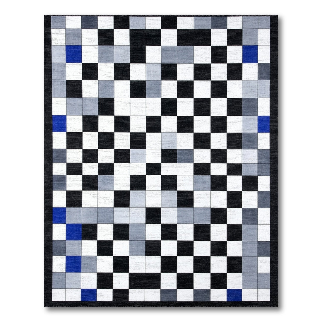 Black White Geometric Area Rug with Blue Accents