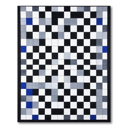 Black White Geometric Area Rug with Blue Accents