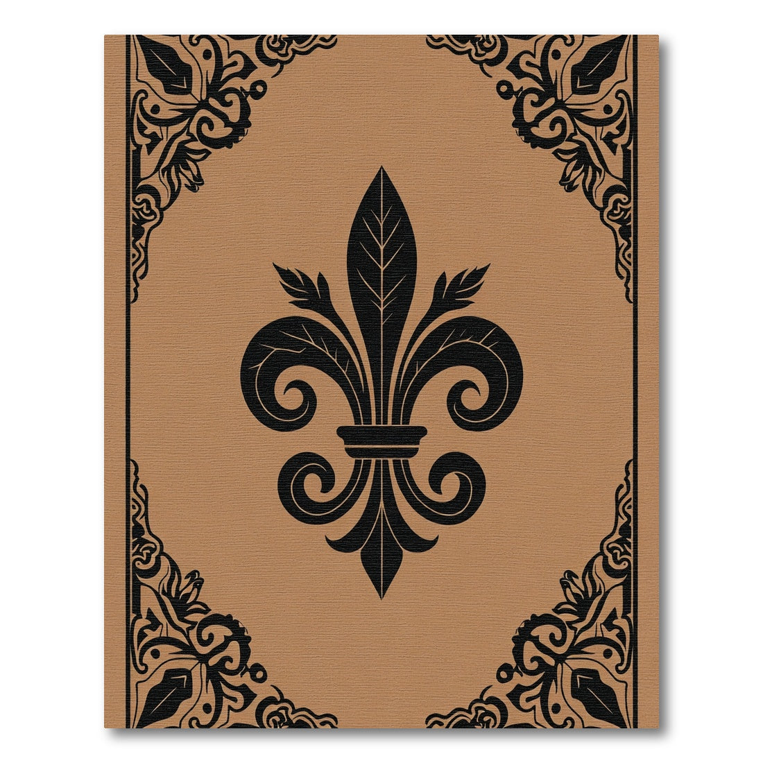 Royal Black Fleur De Lis Tan Frame Rug