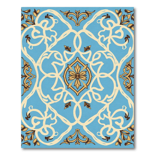 Blue Yellow Damask Floral Scroll Rug